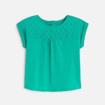 Baby girl's green two-fabric T-shirt with broderie anglaise