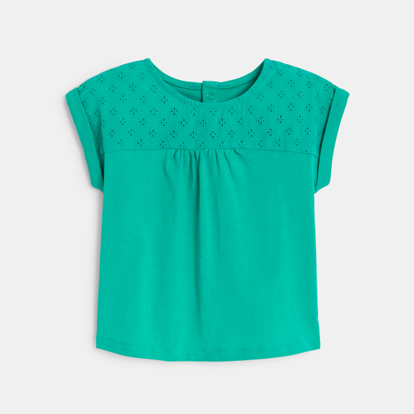 Baby girl's green two-fabric T-shirt with broderie anglaise