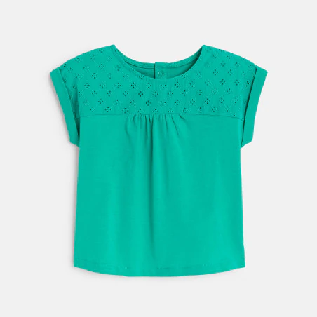 T-shirt bi-matière broderie anglaise vert bébé fille