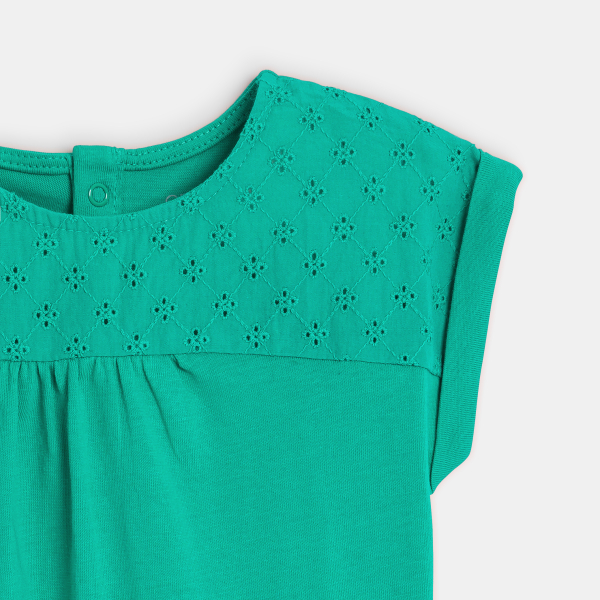 T-shirt bi-matière broderie anglaise vert bébé fille