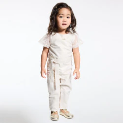 Baby girl's sparkly beige long jumpsuit with short embroidered sleeves