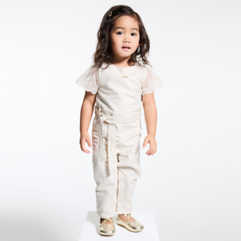 Baby girl's sparkly beige long jumpsuit with short embroidered sleeves