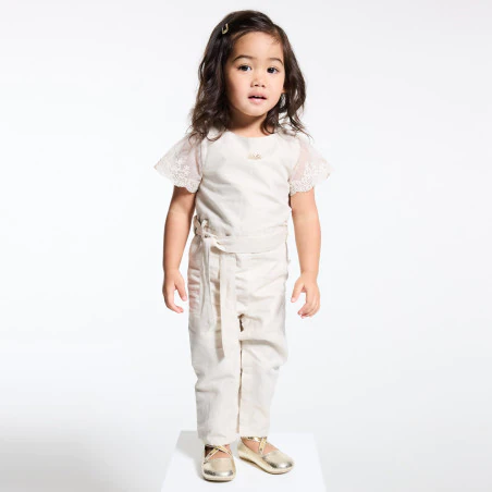 Combi longue irisée manches courtes brodées beige bébé fille