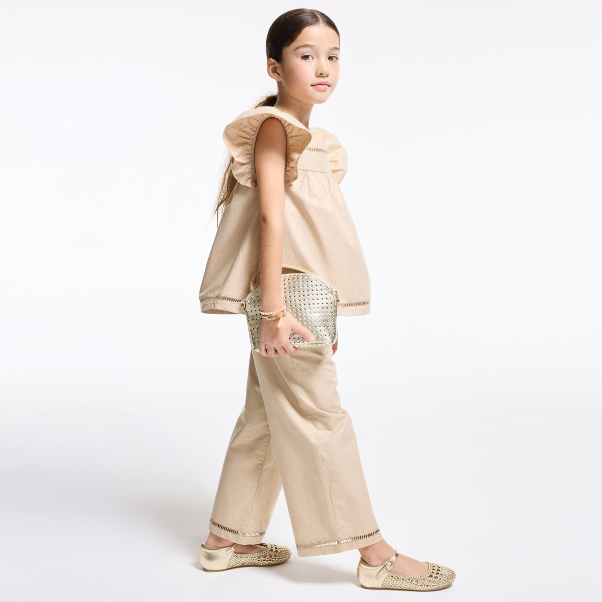 Girl's sand-coloured sparkly wide-leg trousers