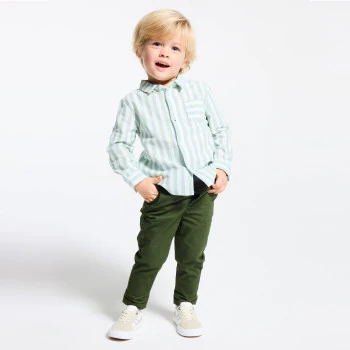 Chemise lin et coton rayée manches retroussables vert bébé garçon