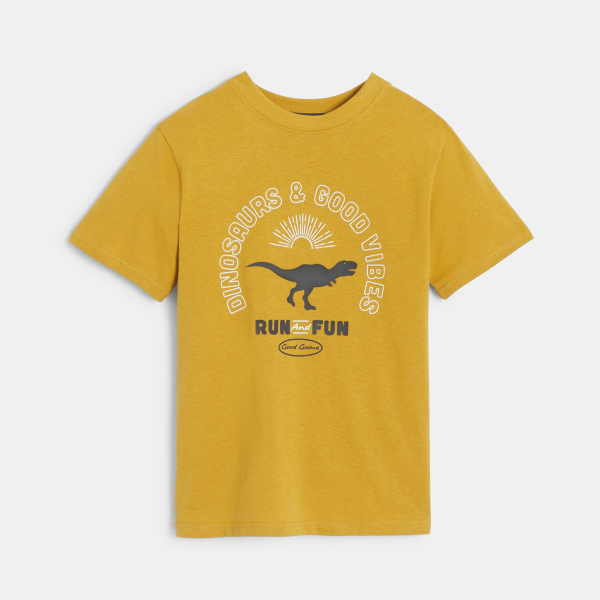 Boy's curry yellow slogan T-shirt with short sleeves