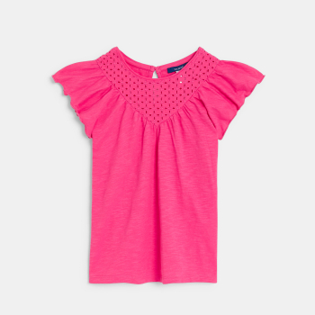 Girls' yellow broderie anglaise short-sleeve T-shirt