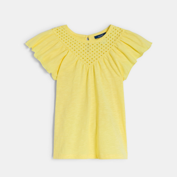 Girls' yellow broderie anglaise short-sleeve T-shirt