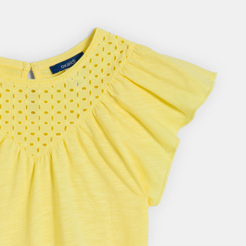 Girls' yellow broderie anglaise short-sleeve T-shirt