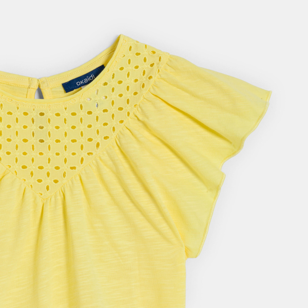 Girls' yellow broderie anglaise short-sleeve T-shirt