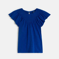 Girls' blue broderie anglaise short-sleeve T-shirt