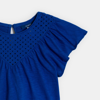 Girls' blue broderie anglaise short-sleeve T-shirt