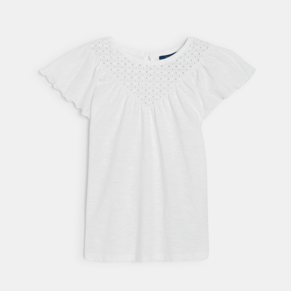Girls' white broderie anglaise short-sleeve T-shirt