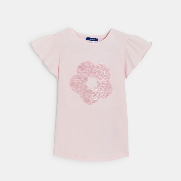 Girl's pastel pink sequinned short-sleeve T-shirt