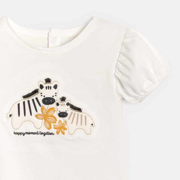 Baby girl's white puff sleeve T-shirt with embroidered zebra