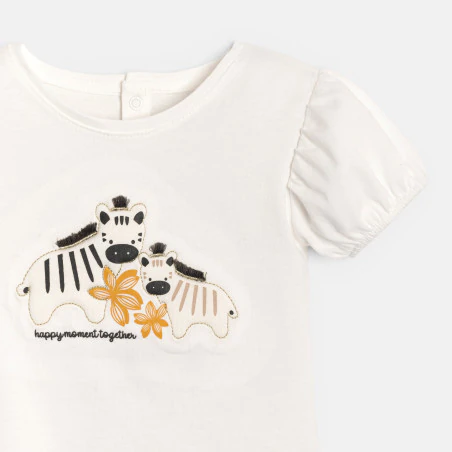 Baby girl's white puff sleeve T-shirt with embroidered zebra