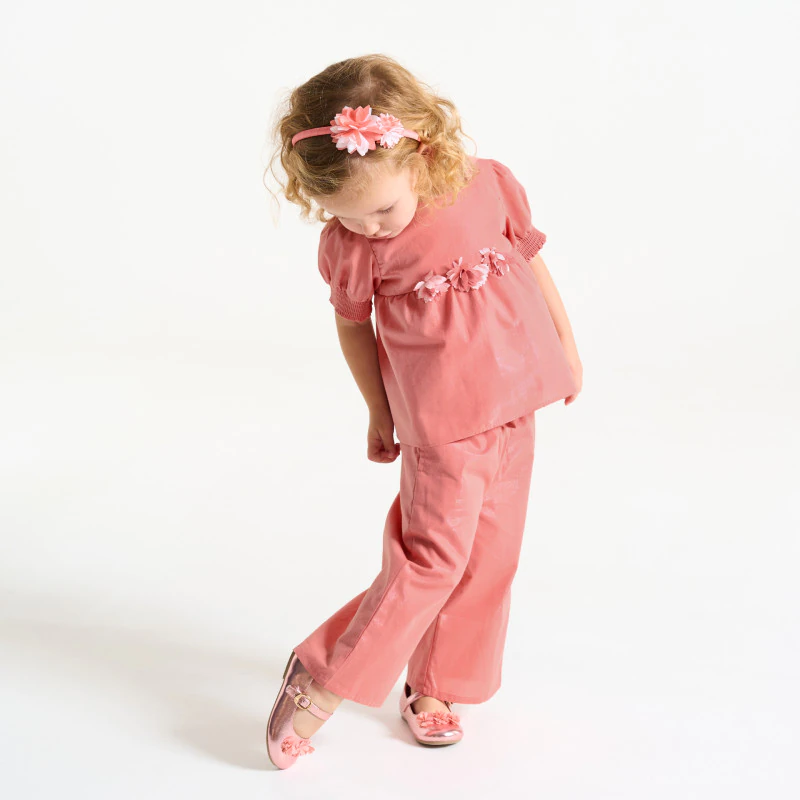 Pantalon large taille nouée brillant rose bébé fille