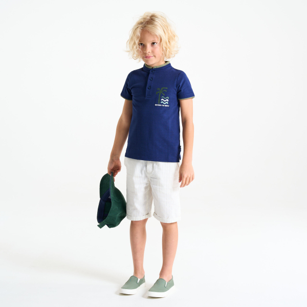 Boy's navy blue short-sleeve palm tree polo shirt