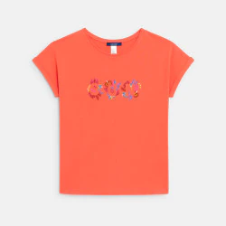 Girl's orange short-sleeve embroidered T-shirt