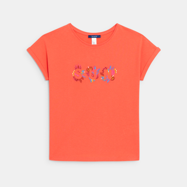 Girl's orange short-sleeve embroidered T-shirt