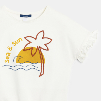 Girl's white short-sleeve embroidered T-shirt