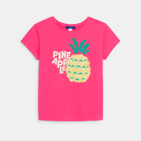 Girl's pink short-sleeve T-shirt with pineapple motif
