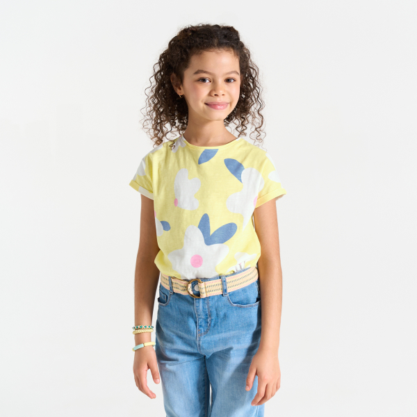 Girl's yellow printed short-sleeve T-shirt
