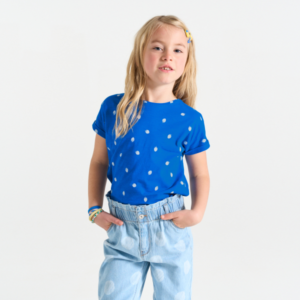 Girl's blue short-sleeve strawberry motif T-shirt