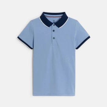 Boy's sky blue jersey piqué polo shirt with short sleeves