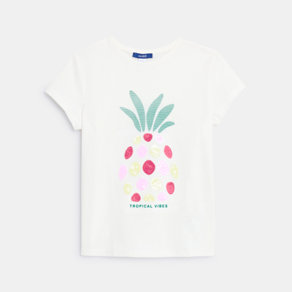 Girl's white short-sleeve sequin T-shirt