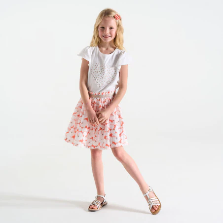 Girl's white butterfly-sleeve T-shirt with heart motif
