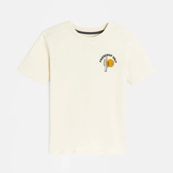 Boy's ecru slogan T-shirt with short sleeves