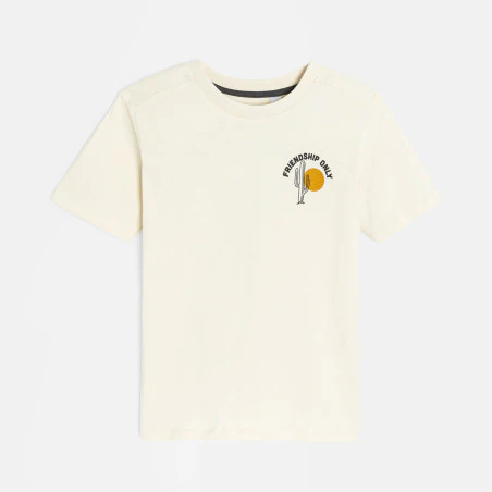 Boy's ecru slogan T-shirt with short sleeves