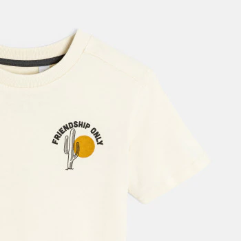 Boy's ecru slogan T-shirt with short sleeves