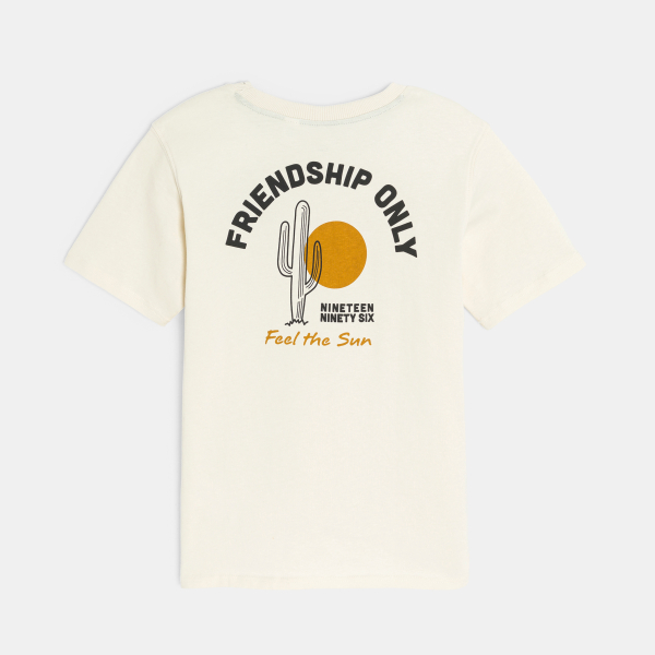 Boy's ecru slogan T-shirt with short sleeves