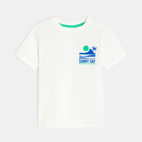 Boy's white slogan T-shirt with short sleeves