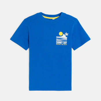 Boy's blue slogan T-shirt with short sleeves
