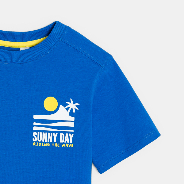 Boy's blue slogan T-shirt with short sleeves