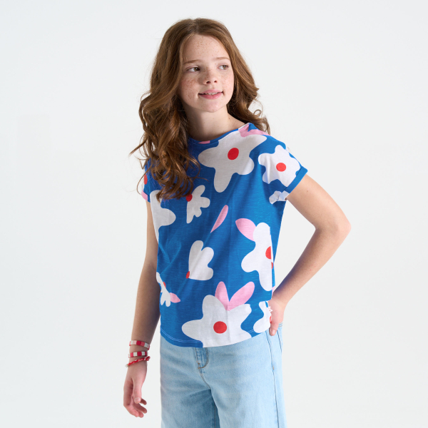 Girl's blue printed short-sleeve T-shirt