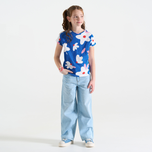 Girl's blue printed short-sleeve T-shirt