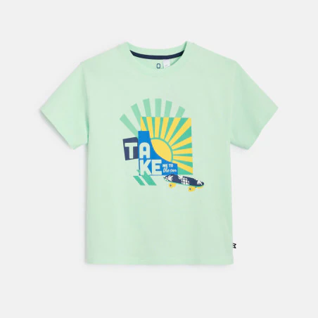 Boy's green slogan T-shirt with short sleeves
