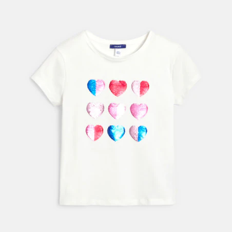 Girl's white short-sleeve T-shirt with magic sequin heart