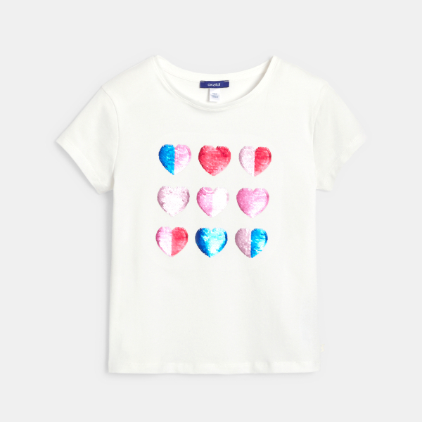 T-shirt manches courtes à sequins magiques cœurs blanc Fille