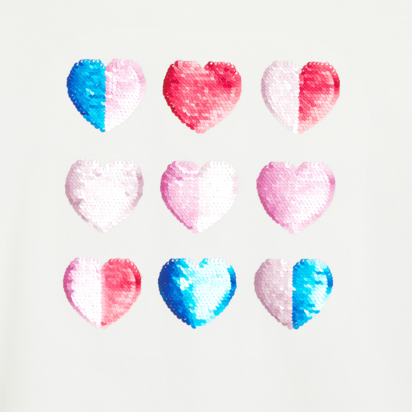 T-shirt manches courtes à sequins magiques cœurs blanc Fille