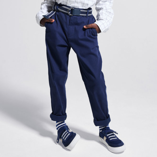 Boy's navy blue slim chino trousers + belt