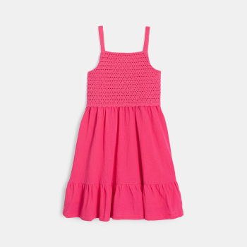 Girl's pink crochet and ruffle detail strappy dress