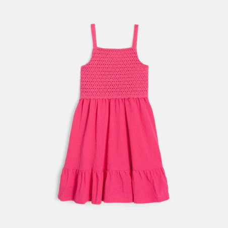 Girl's pink crochet and ruffle detail strappy dress