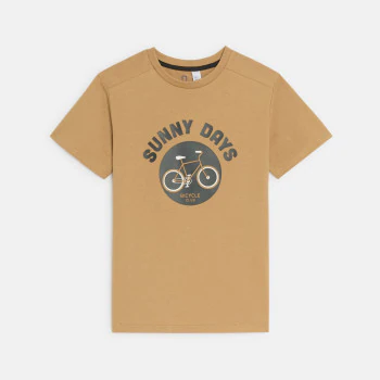 Boy's brown short-sleeve T-shirt with bike design