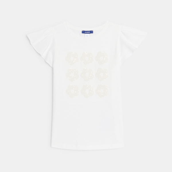 Girl's white short-sleeve sequin motif T-shirt
