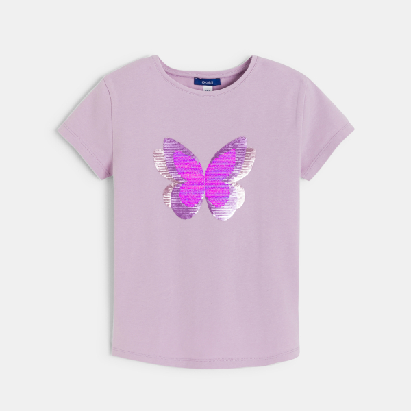 Girl's mauve short-sleeve T-shirt with magic sequin butterfly